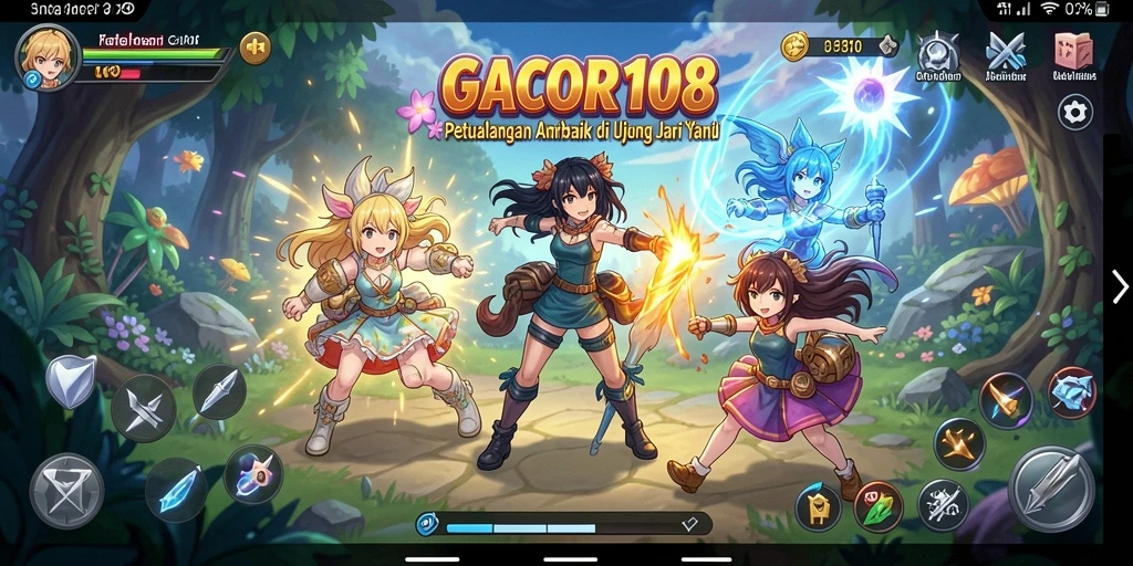 Screenshot gameplay GACOR108 menampilkan aksi karakter anime yang penuh semangat.