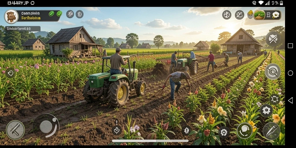 Screenshot gameplay HARAPJP menampilkan kebun pertanian yang luas dan hijau.