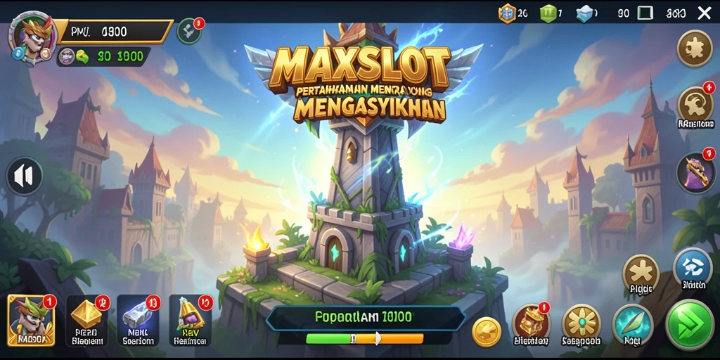 Screenshot gameplay MAXSLOT menampilkan aksi menara pertahanan yang menantang.