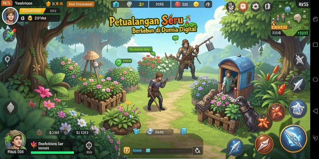 Tampilan gameplay RK55 menampilkan kebun yang subur dan aktivitas bertani yang menyenangkan.