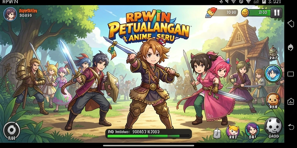 Screenshot utama RPWIN menampilkan aksi pertempuran yang epik dengan karakter anime yang dinamis.