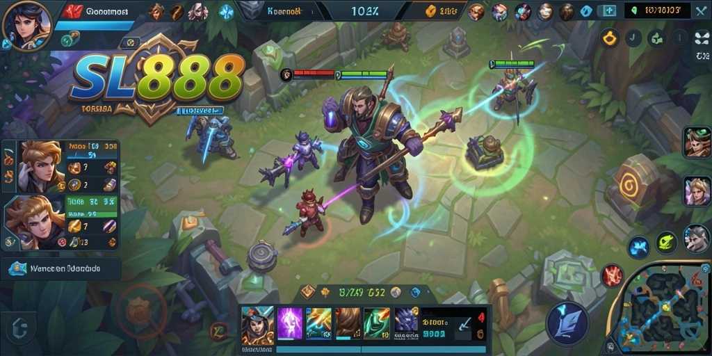 Screenshot gameplay SL888 menampilkan pertarungan epik antar hero MOBA.