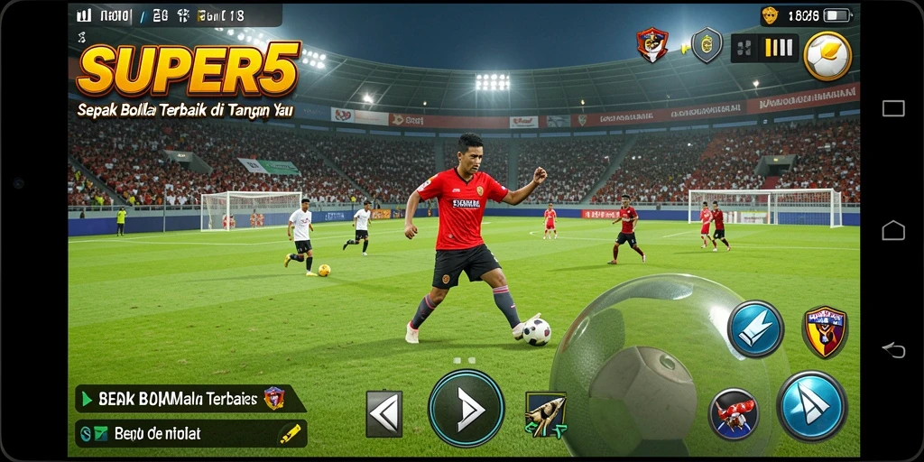 Screenshot utama SUPER5 menampilkan aksi seru di lapangan sepak bola.